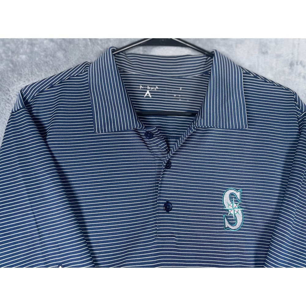 Seattle Mariners Antigua Mens Navy Blue White Striped Polo Shirt Size Medium
